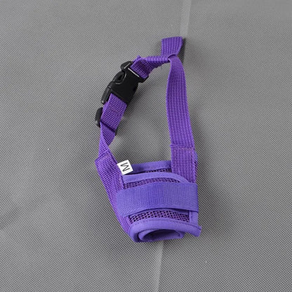 Breathable mesh dog muzzle designed for small dogs, featuring adjustable nylon straps for a comfortable and secure fit. 4