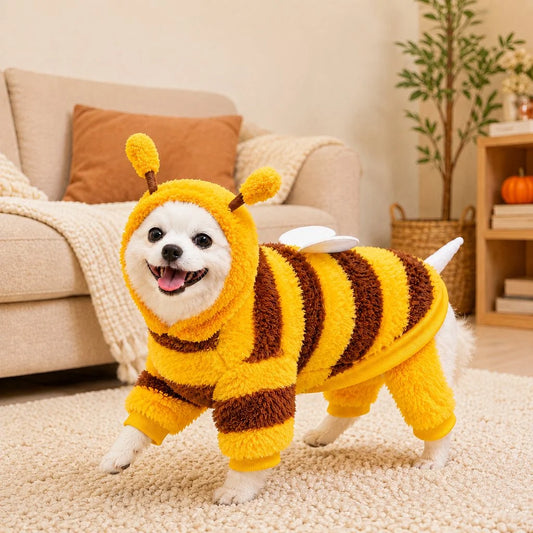 Bumblebee dog costume for small dogs featuring plush four-leg coverage in bright yellow and brown, perfect for Halloween festivities. 0