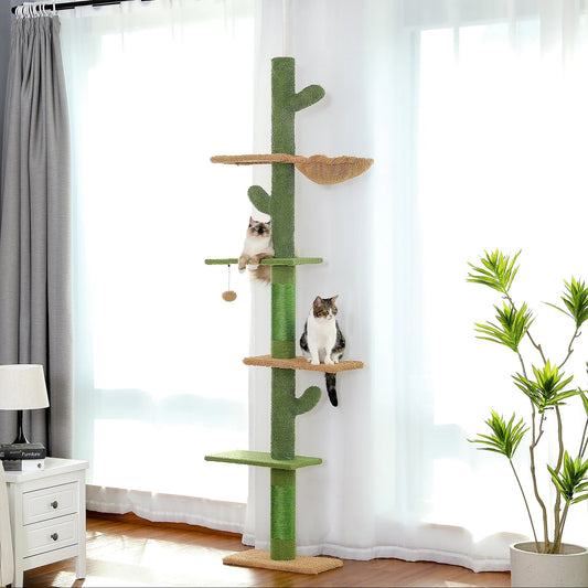 Cactus-Shaped Cat Tower with Hammock and Scratching Posts – 5-Tier Modern Cat Tree for Large Cats, Adjustable Height 239-274 cm 0