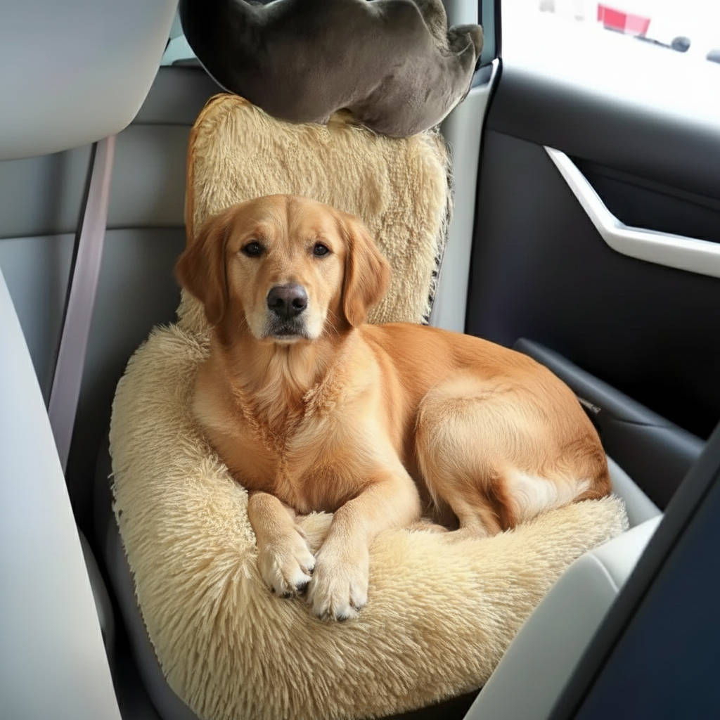 Car dog bed designed for back seat use, featuring a protective design, easy-clean pet-safe materials, and a neutral color; measures 60cm x 0