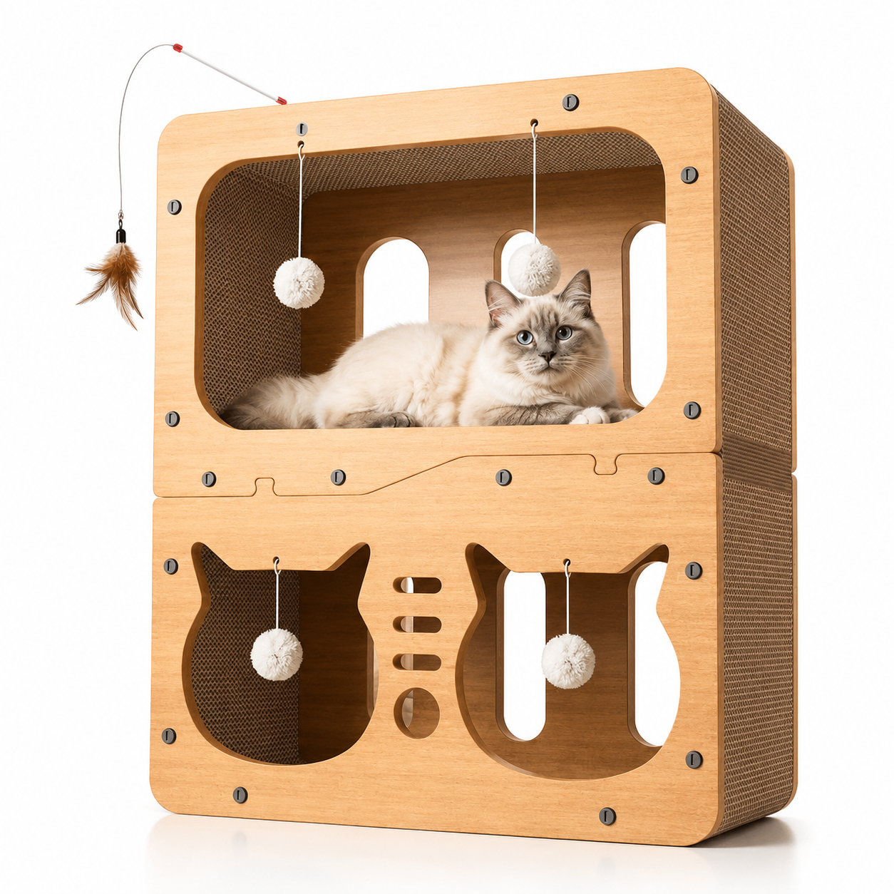 Cardboard cat house indoor featuring a scratching surface and an interactive feather wand toy, designed as a cozy hideaway for cats. 0