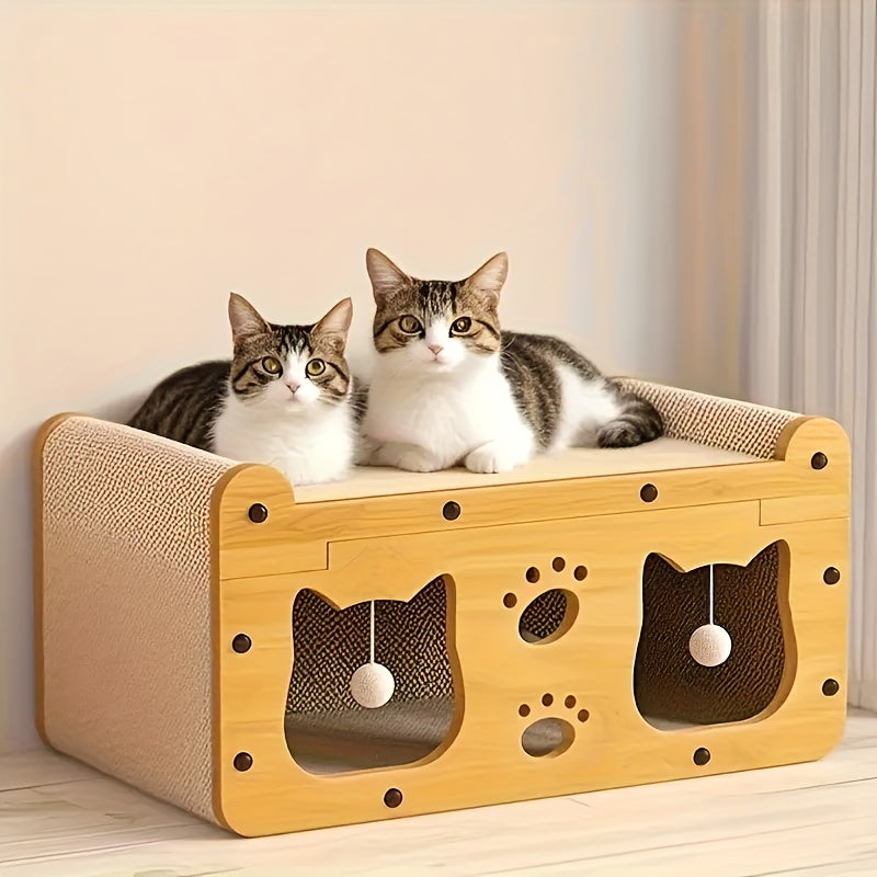 Cardboard cat house indoor featuring a scratching surface and an interactive feather wand toy, designed as a cozy hideaway for cats. 6