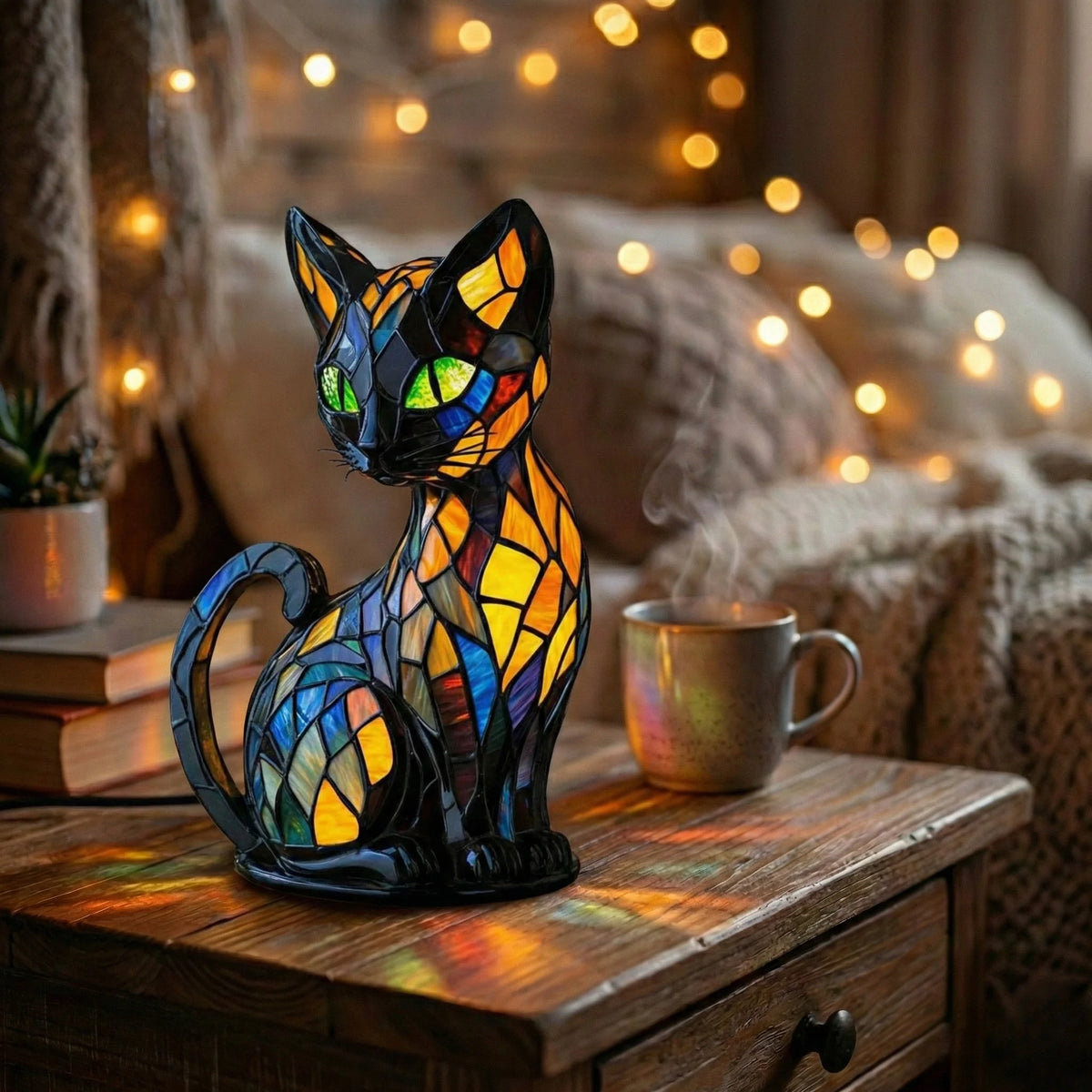 Cat-shaped LED lamp featuring a cordless battery-operated design, hand-finished for an artisanal glow, providing warm ambient light for cozy spaces. 0