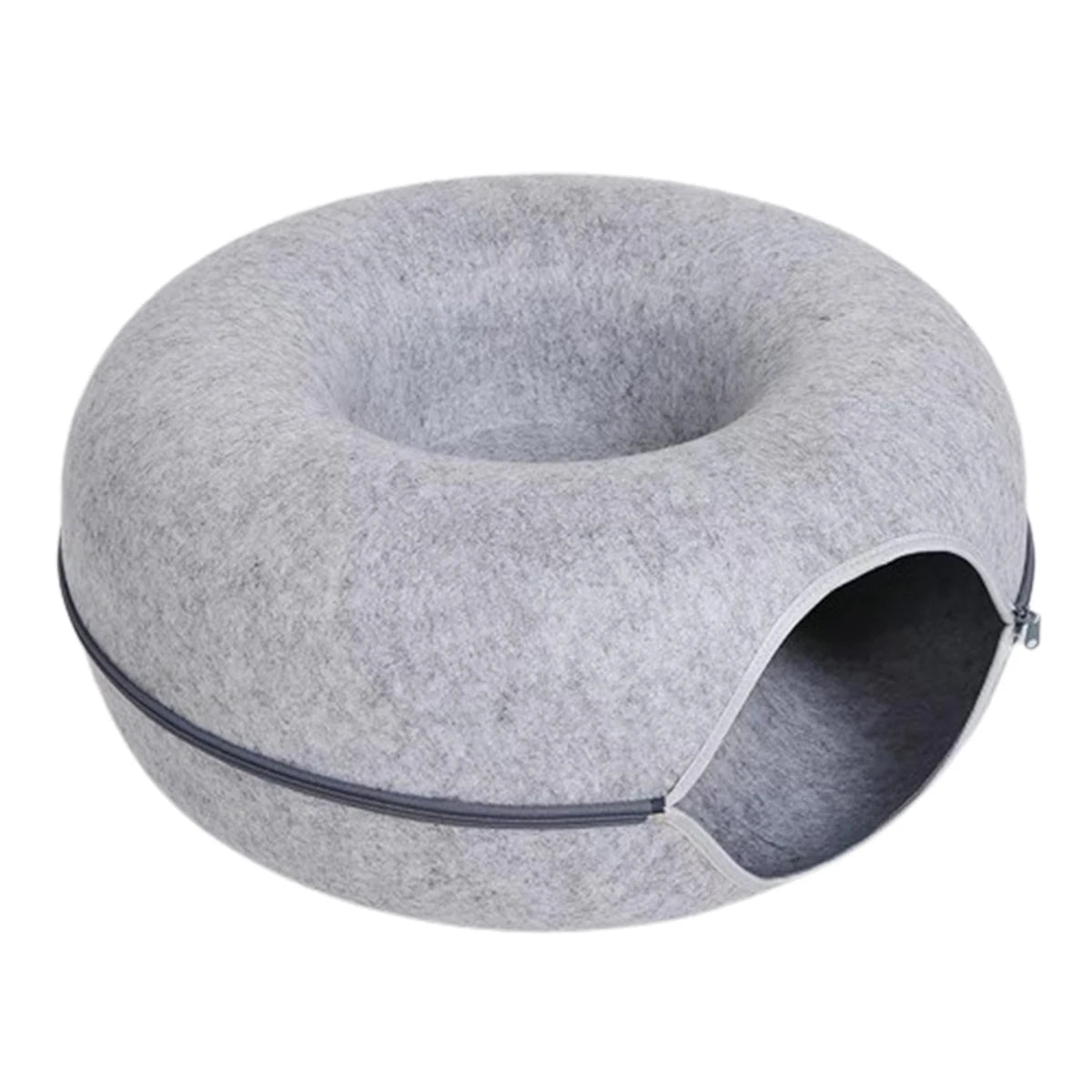 Cozy wool felt cat bed with built-in play tunnel, perfect hideaway for cats and small dogs, natural grey color, 50cm diameter. 0