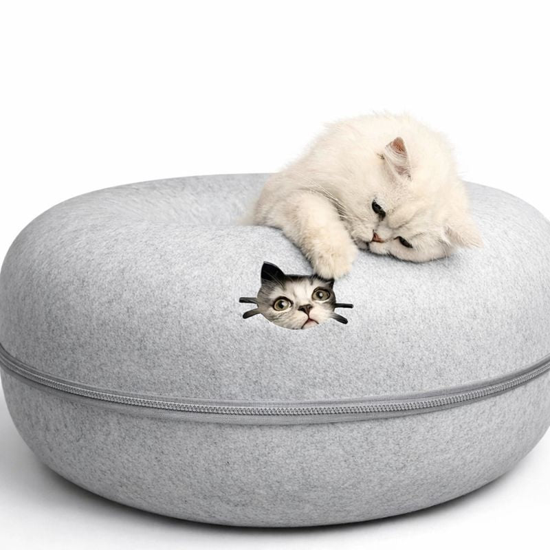 Cozy wool felt cat bed with built-in play tunnel, perfect hideaway for cats and small dogs, natural grey color, 50cm diameter. 1