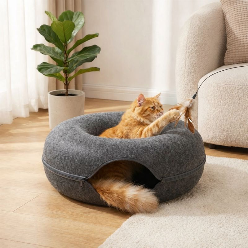 Cozy wool felt cat bed with built-in play tunnel, perfect hideaway for cats and small dogs, natural grey color, 50cm diameter. 2