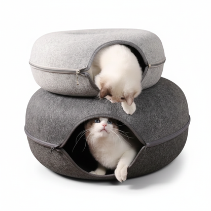 Cozy wool felt cat bed with built-in play tunnel, perfect hideaway for cats and small dogs, natural grey color, 50cm diameter. 3
