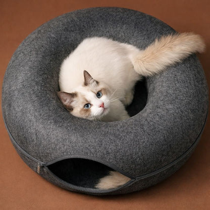 Cozy wool felt cat bed with built-in play tunnel, perfect hideaway for cats and small dogs, natural grey color, 50cm diameter. 4