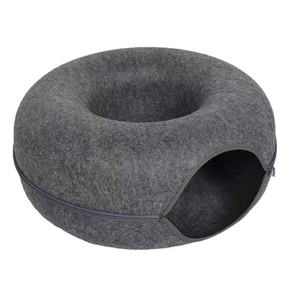 Cozy wool felt cat bed with built-in play tunnel, perfect hideaway for cats and small dogs, natural grey color, 50cm diameter. 5