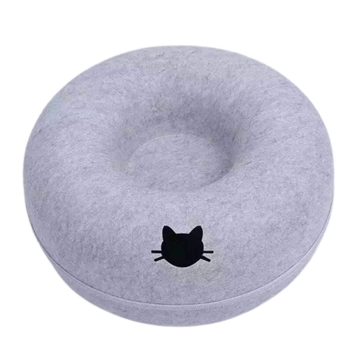 Cozy wool felt cat bed with built-in play tunnel, perfect hideaway for cats and small dogs, natural grey color, 50cm diameter. 6