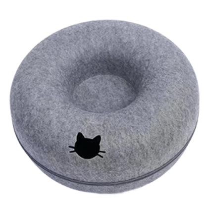 Cozy wool felt cat bed with built-in play tunnel, perfect hideaway for cats and small dogs, natural grey color, 50cm diameter. 7