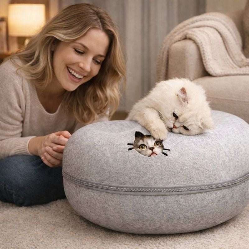 Cozy wool felt cat bed with built-in play tunnel, perfect hideaway for cats and small dogs, natural grey color, 50cm diameter. 8