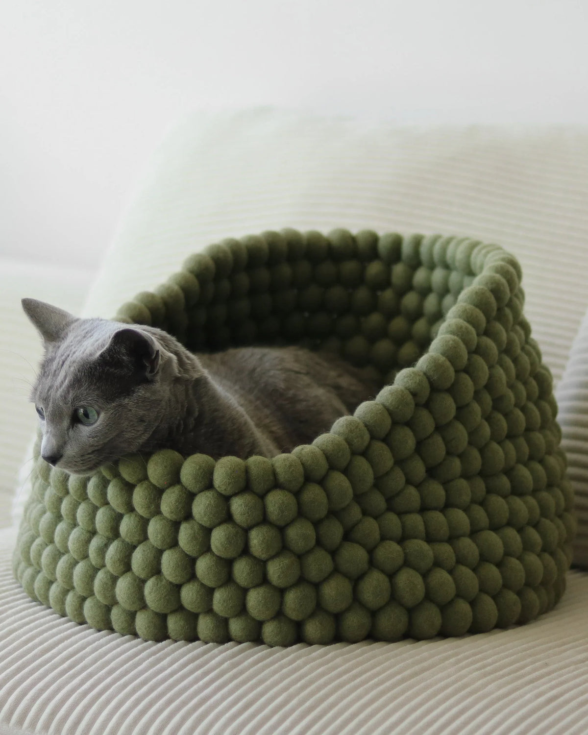 Cozy basket-style cat bed made from handmade New Zealand wool featuring a peek-out design for playful cats. 0
