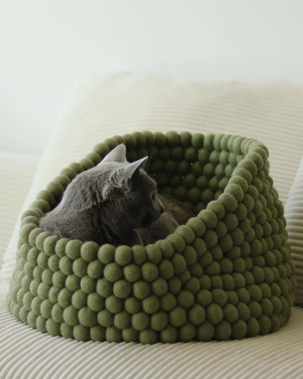 Cozy basket-style cat bed made from handmade New Zealand wool featuring a peek-out design for playful cats. 3