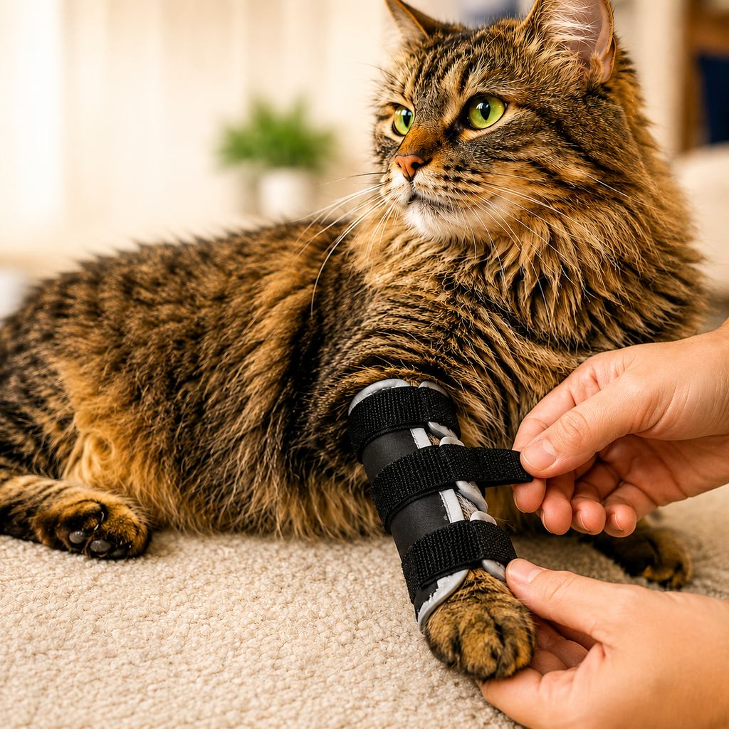 Cat brace for leg support featuring an adjustable splint, made from soft padded fabric to enhance recovery and mobility for injured or post-surgery cats. 0
