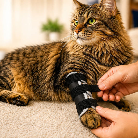 Cat brace for leg support featuring an adjustable splint, made from soft padded fabric to enhance recovery and mobility for injured or post-surgery cats. 0