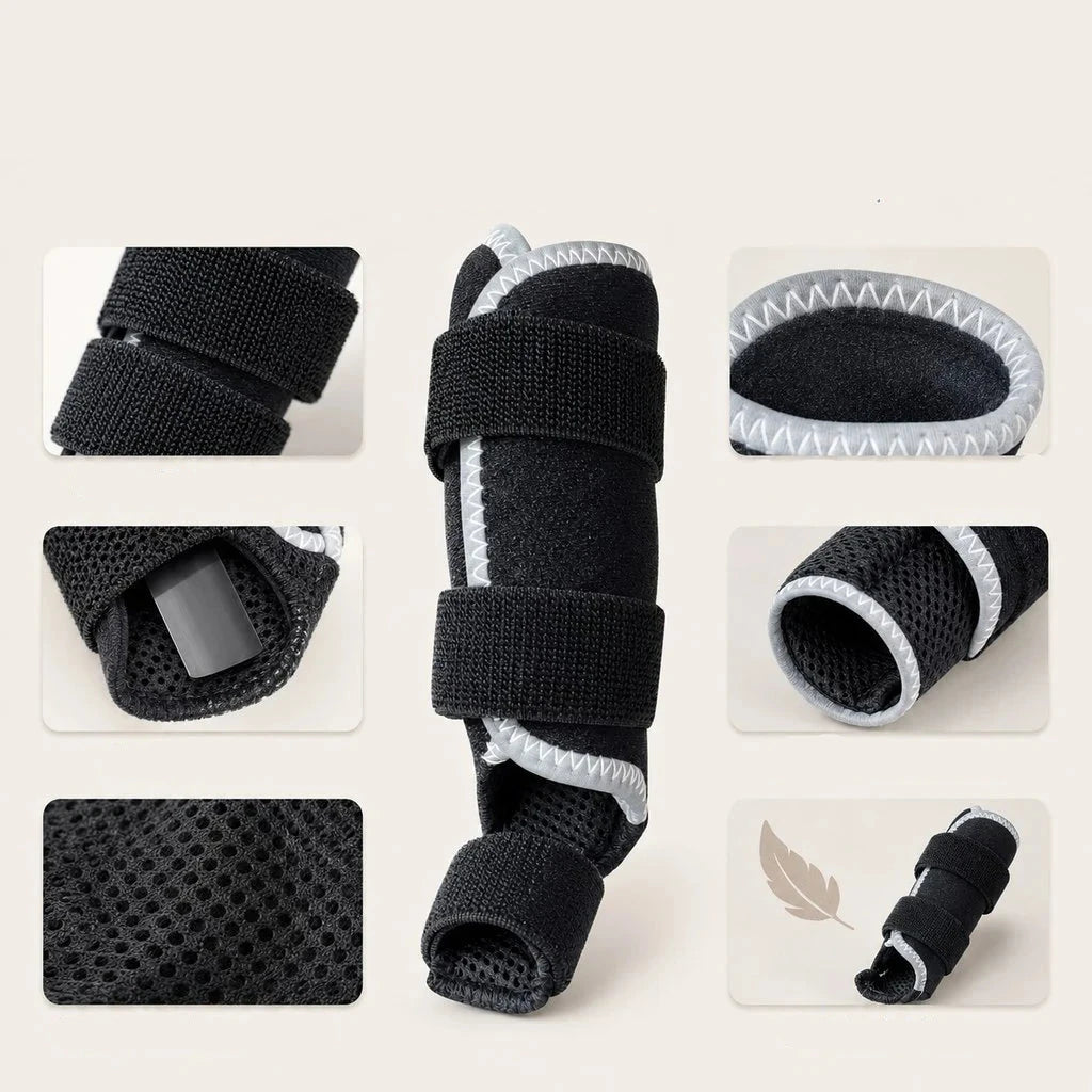 Cat brace with adjustable splint for leg support, featuring soft padding for comfort, designed for front or hind legs during recovery. 5