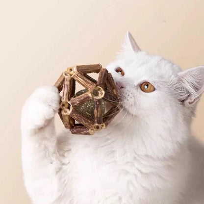 Cat chew toy featuring silvervine sticks and a jingle bell, designed as a natural aromas cage ball to promote dental health and engage playful felines. 0