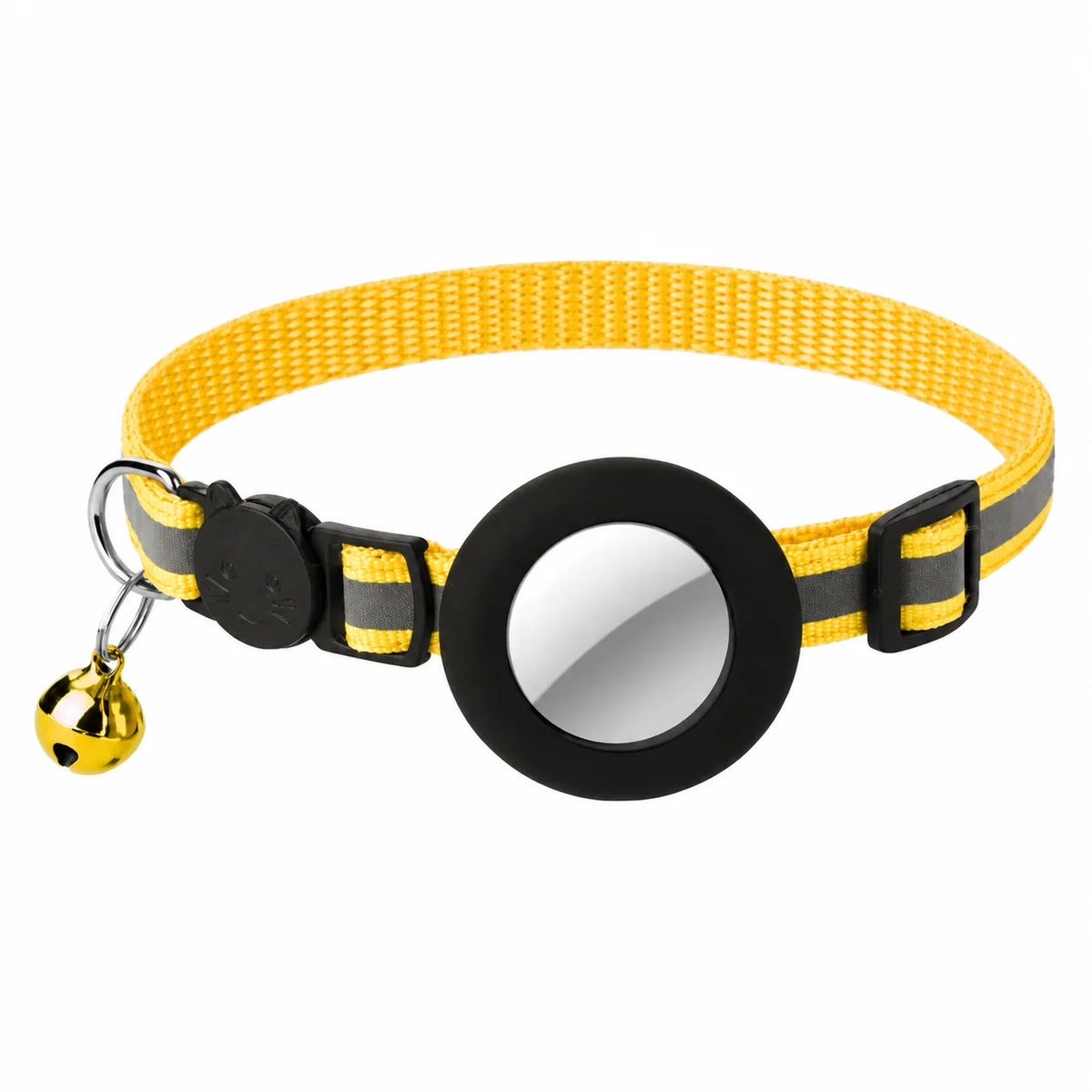Adjustable cat collar made of stretchy polyester featuring an AirTag holder, designed for comfort and safety for cats and small dogs. 0