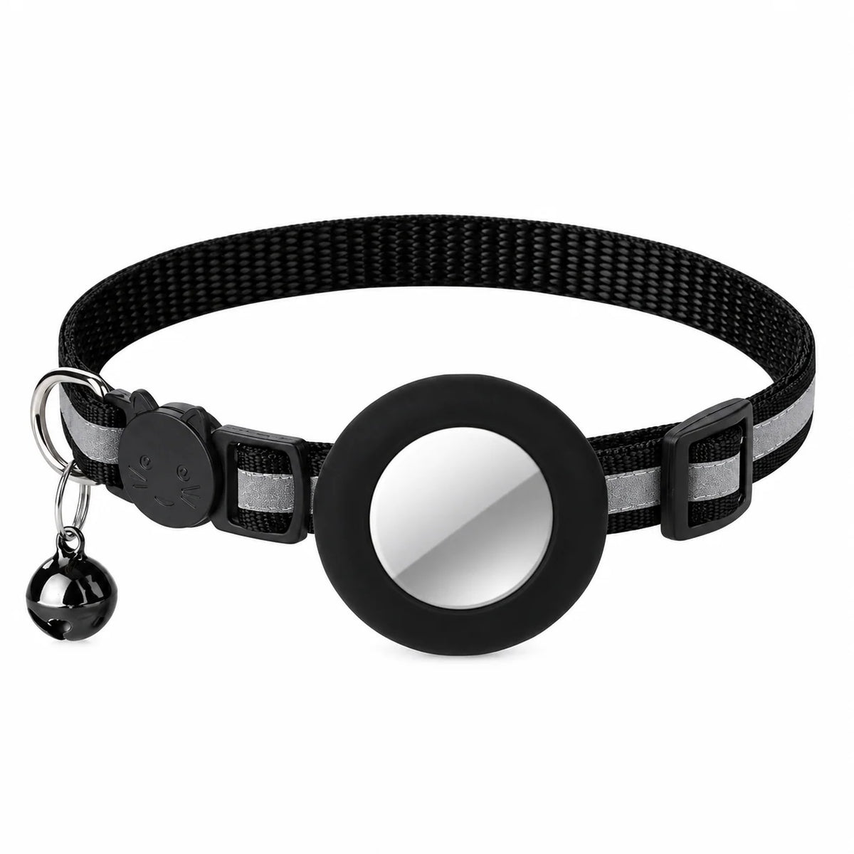 Adjustable cat collar made of stretchy polyester featuring an AirTag holder, designed for comfort and safety for cats and small dogs. 5