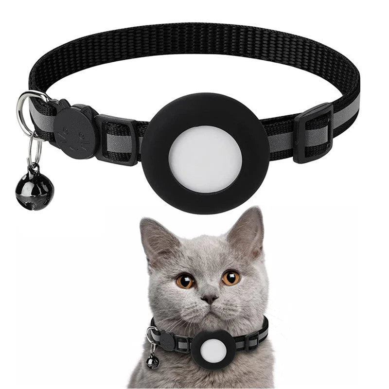 Adjustable cat collar featuring reflective stripes and AirTag compatibility, designed for safety and comfort with a lightweight construction. 0