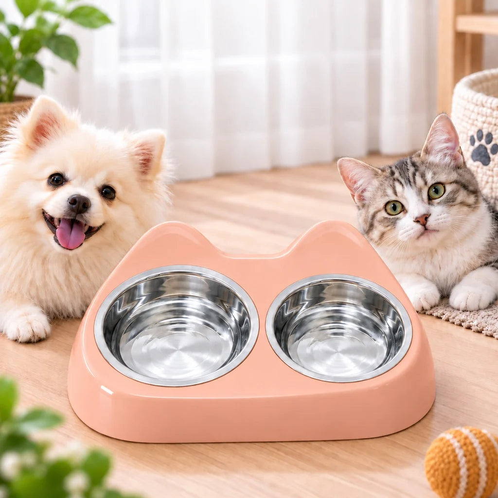 Cat Ear Pet Bowl featuring a slow feeder design with double stainless steel bowls, perfect for small pets like cats and dogs, designed for a compact feeding station 0