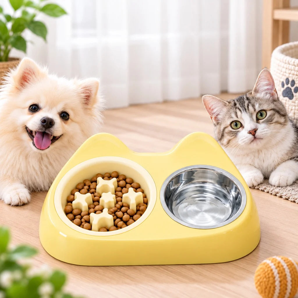 Cat Ear Pet Bowl featuring a slow feeder design with double stainless steel bowls, perfect for small pets like cats and dogs, designed for a compact feeding station 1