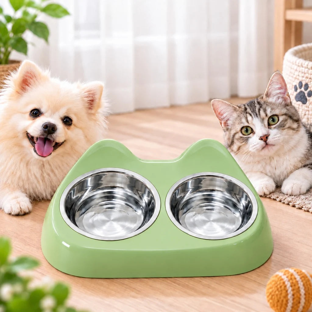 Cat Ear Pet Bowl featuring a slow feeder design with double stainless steel bowls, perfect for small pets like cats and dogs, designed for a compact feeding station 10