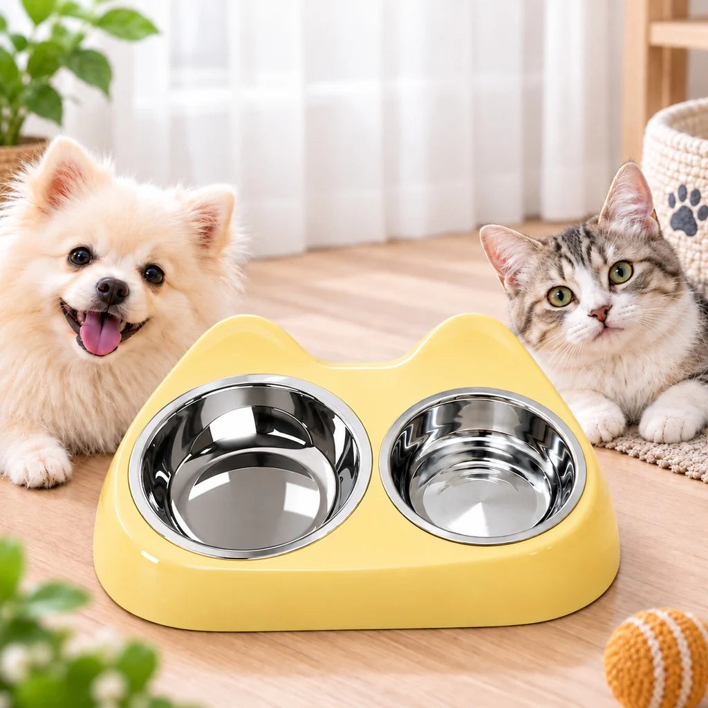 Cat Ear Pet Bowl featuring a slow feeder design with double stainless steel bowls, perfect for small pets like cats and dogs, designed for a compact feeding station 11