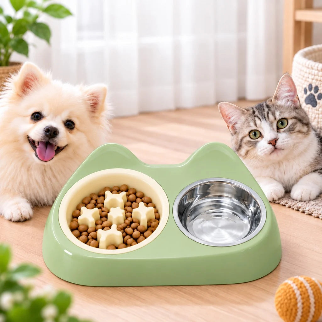 Cat Ear Pet Bowl featuring a slow feeder design with double stainless steel bowls, perfect for small pets like cats and dogs, designed for a compact feeding station 9
