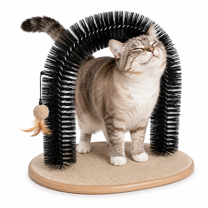 Cat grooming arch featuring soft massage bristles and engaging interactive play elements for a fun and relaxing grooming experience. 0