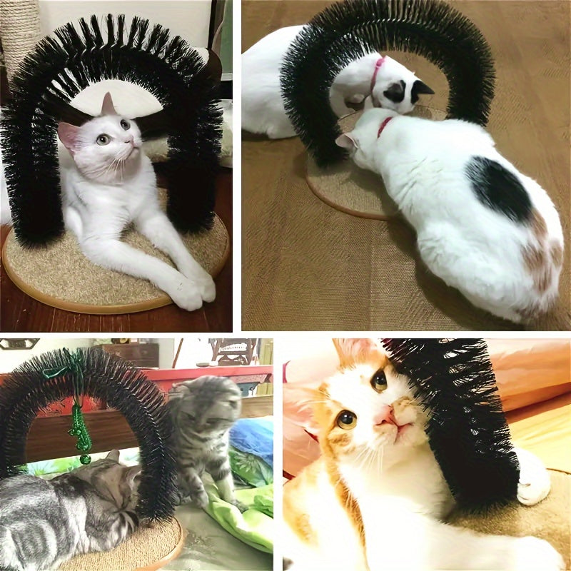 Cat grooming arch featuring soft massage bristles and engaging interactive play elements for a fun and relaxing grooming experience. 2