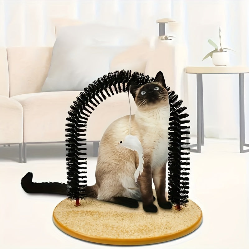 Cat grooming arch featuring soft massage bristles and engaging interactive play elements for a fun and relaxing grooming experience. 5