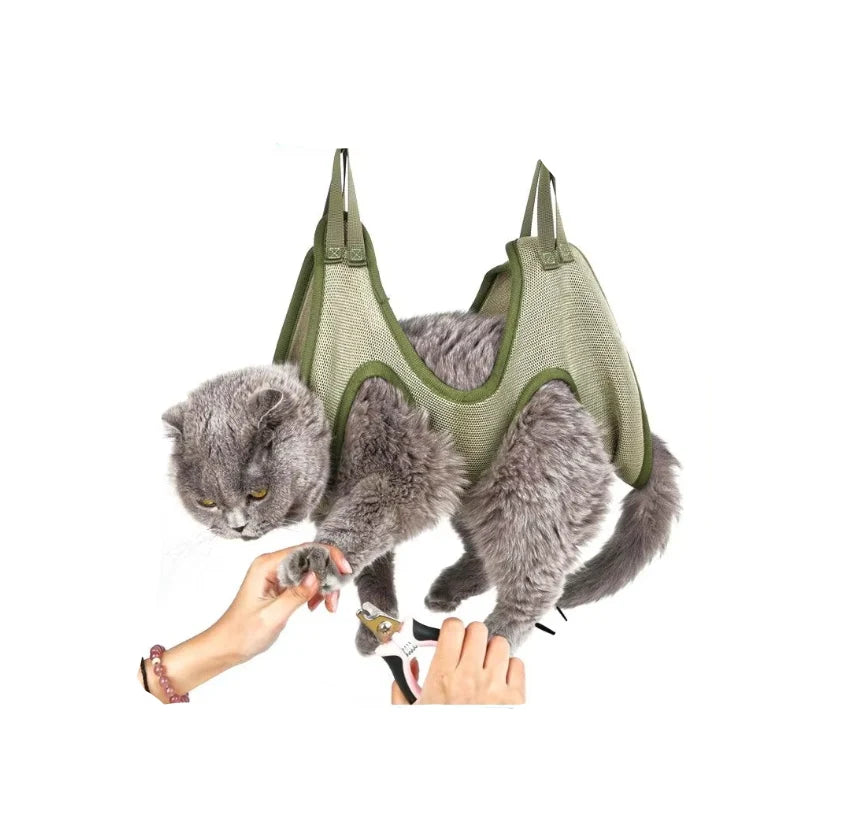 Cat grooming hammock designed for stress-free grooming and vet visits, featuring soft, durable fabric for optimal comfort and security. 1
