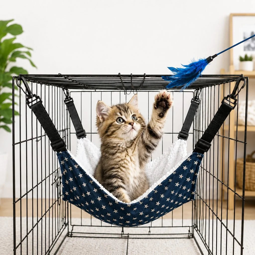 Cozy cat hammock bed featuring adjustable straps, designed for space-saving hanging use, available in plush and lightweight fabric options. 1