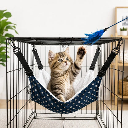 Cozy cat hammock bed featuring adjustable straps, designed for space-saving hanging use, available in plush and lightweight fabric options. 1