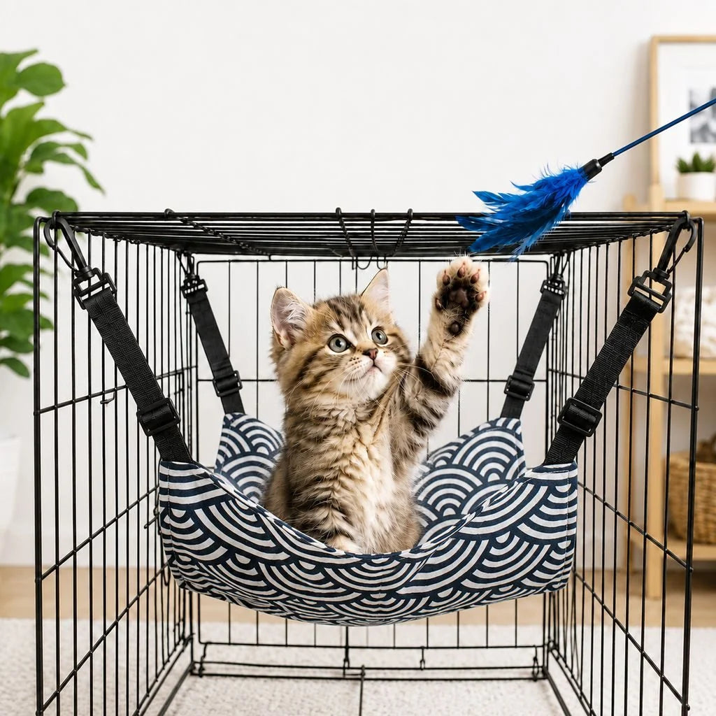 Cozy cat hammock bed featuring adjustable straps, designed for space-saving hanging use, available in plush and lightweight fabric options. 10
