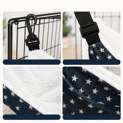 Cozy cat hammock bed featuring adjustable straps, designed for space-saving hanging use, available in plush and lightweight fabric options. 4