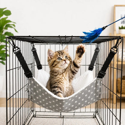 Cozy cat hammock bed featuring adjustable straps, designed for space-saving hanging use, available in plush and lightweight fabric options. 9