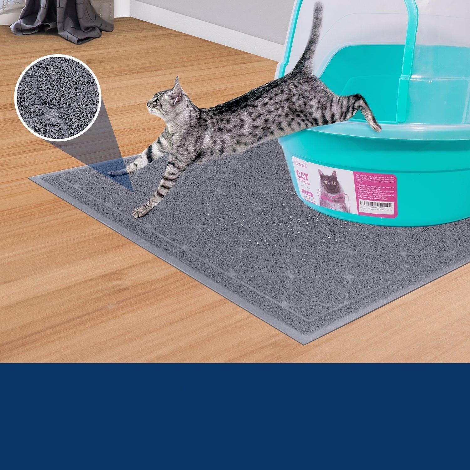 Cat litter mat designed for effective litter control, featuring a non-slip backing and durable rubberized material, measuring 90cm x 60cm. 1