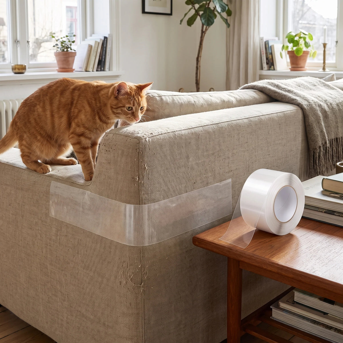 Self-adhesive clear cat scratch deterrent tape roll, designed to protect furniture from cat scratching, measuring 30cm x 100cm, 1