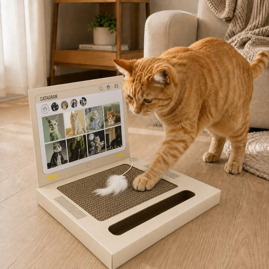 Cat scratcher with interactive mouse toy and bell ball track, featuring a corrugated cardboard play pad designed for indoor cats to engage and scratch. 0