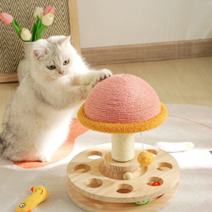 Cat scratching post featuring a cozy perch and interactive play area, designed in a fun 3-in-1 mushroom shape, perfect for keeping your feline entertained 0