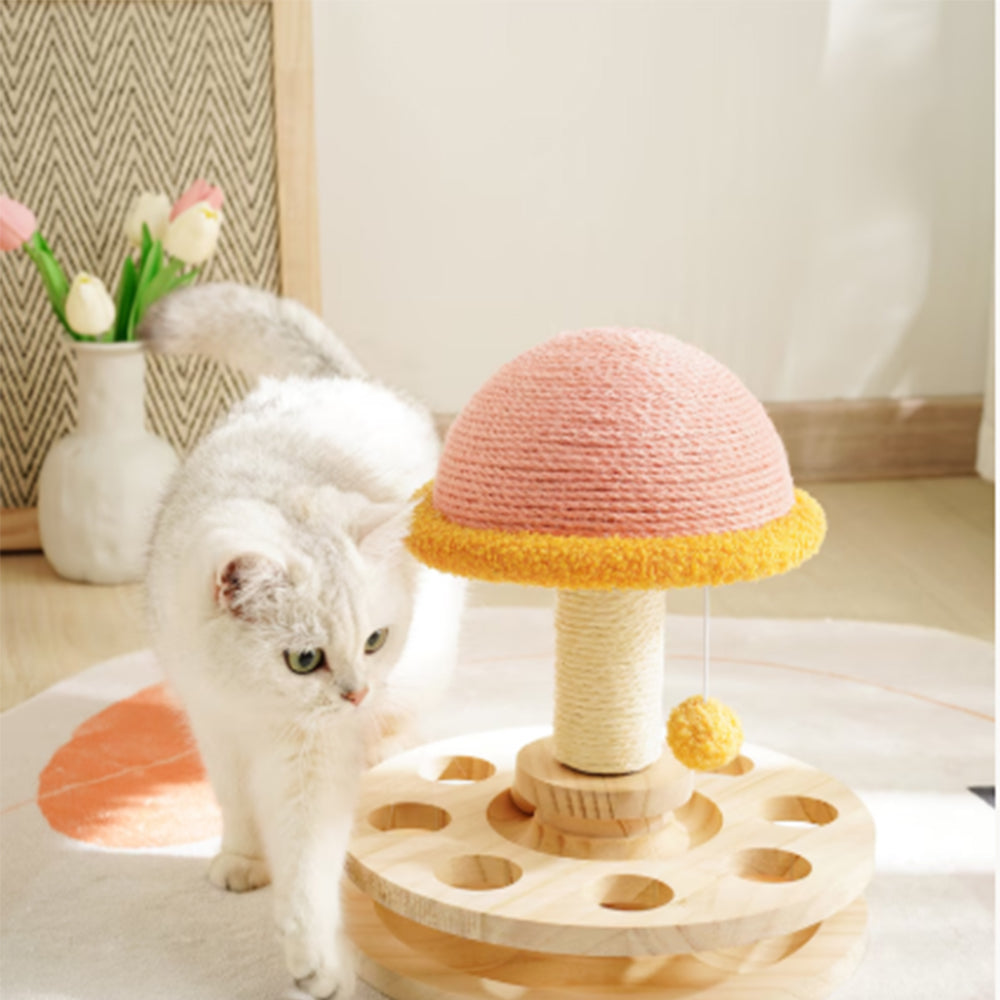 Cat scratching post featuring a cozy perch and interactive play area, designed in a fun 3-in-1 mushroom shape, perfect for keeping your feline entertained 1