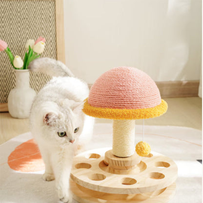 Cat scratching post featuring a cozy perch and interactive play area, designed in a fun 3-in-1 mushroom shape, perfect for keeping your feline entertained 1
