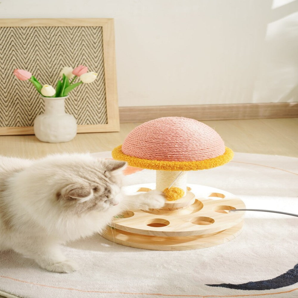 Cat scratching post featuring a cozy perch and interactive play area, designed in a fun 3-in-1 mushroom shape, perfect for keeping your feline entertained 2