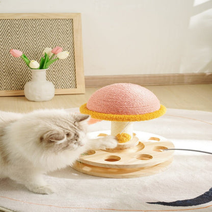 Cat scratching post featuring a cozy perch and interactive play area, designed in a fun 3-in-1 mushroom shape, perfect for keeping your feline entertained 2