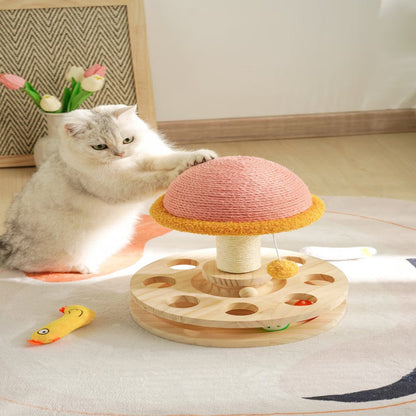 Cat scratching post featuring a cozy perch and interactive play area, designed in a fun 3-in-1 mushroom shape, perfect for keeping your feline entertained 3