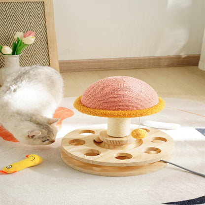 Cat scratching post featuring a cozy perch and interactive play area, designed in a fun 3-in-1 mushroom shape, perfect for keeping your feline entertained 4