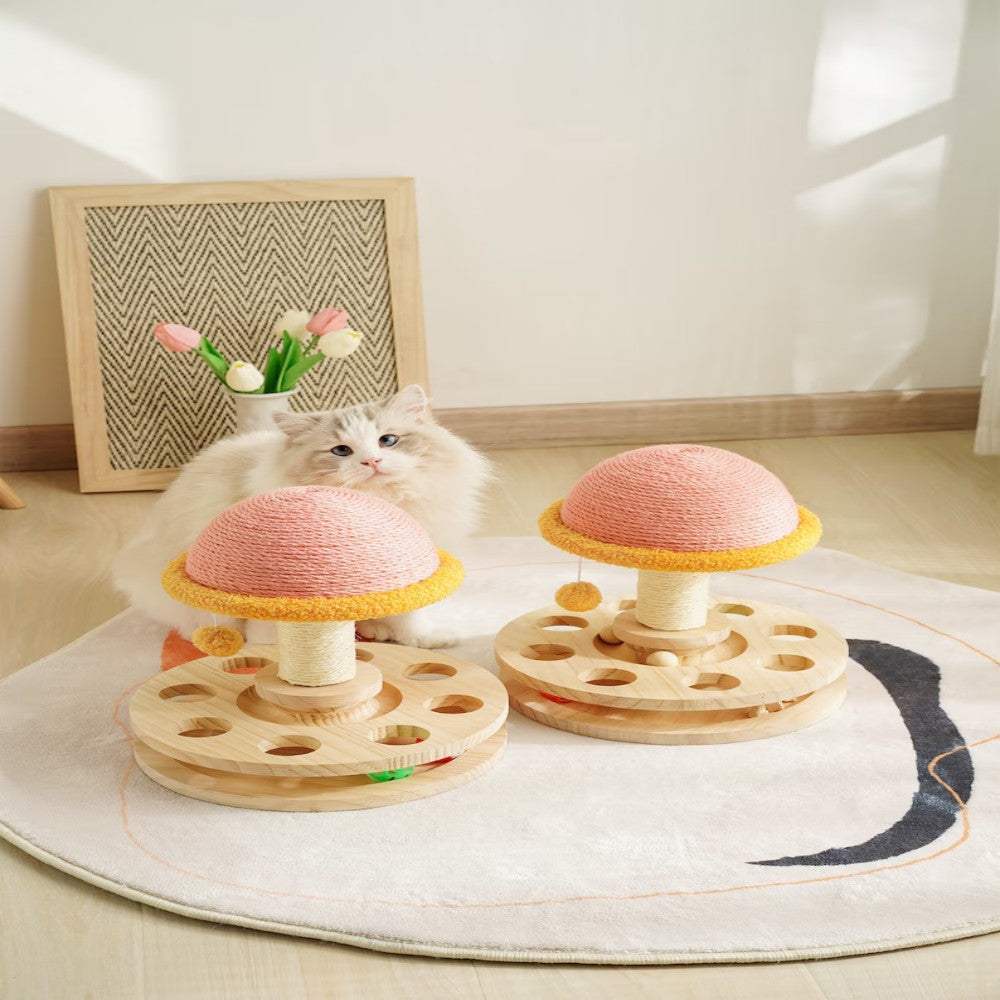 Cat scratching post featuring a cozy perch and interactive play area, designed in a fun 3-in-1 mushroom shape, perfect for keeping your feline entertained 5